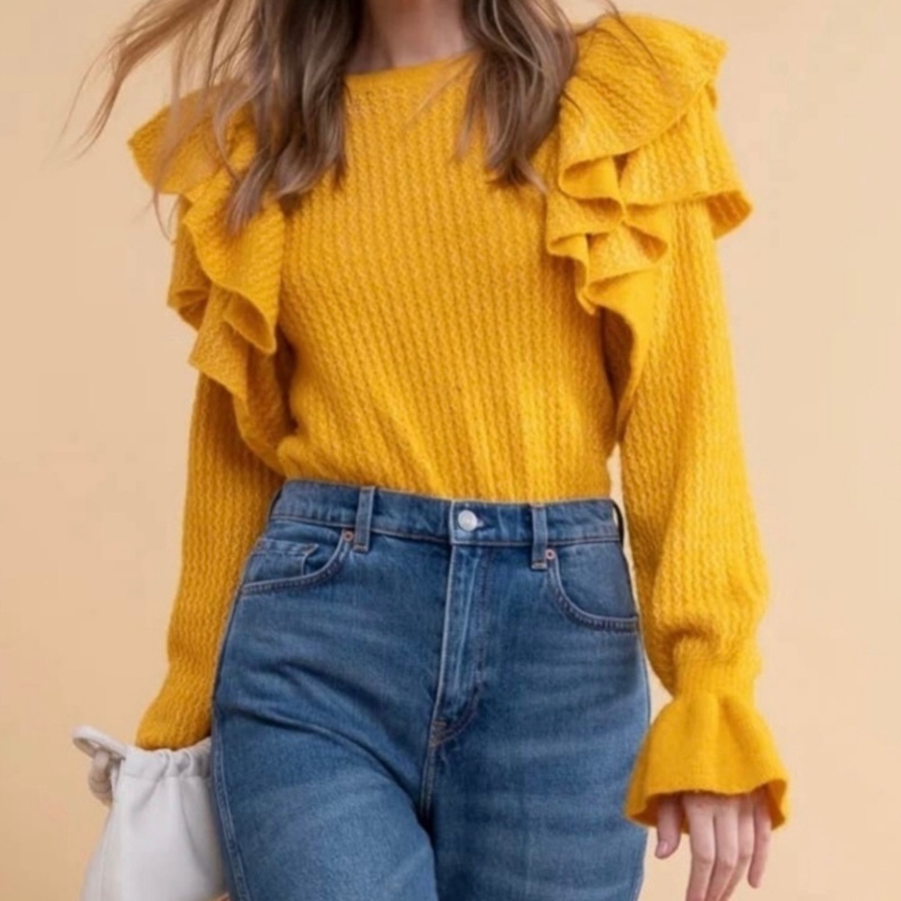Rachel Parcell Yellow Treasure Pointelle Knit Ruffle‎ Sweater Size XS NWT